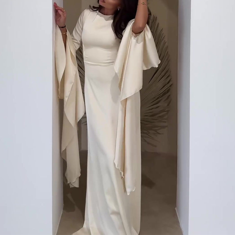 Women Satin Bell Sleeve Ruched Evening Maxi Dress
