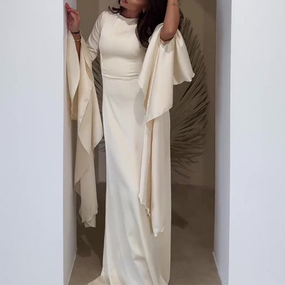 Women Satin Bell Sleeve Ruched Evening Maxi Dress