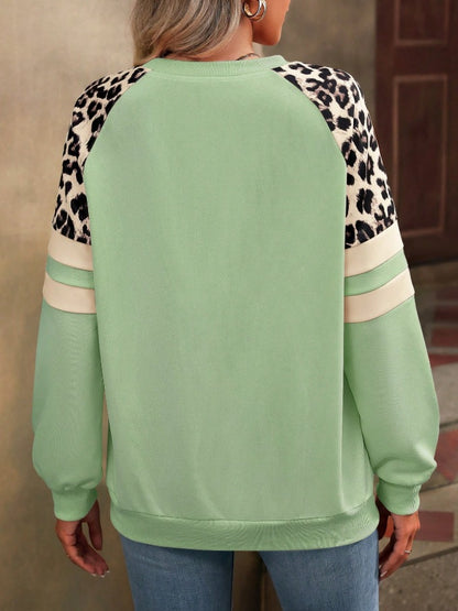 Leopard Colorblock Sweatshirt Women Casual Pullover Top