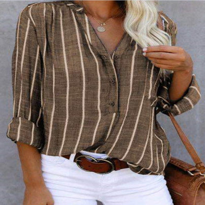 Women's Striped V-Neck Long Sleeve Casual Blouse
