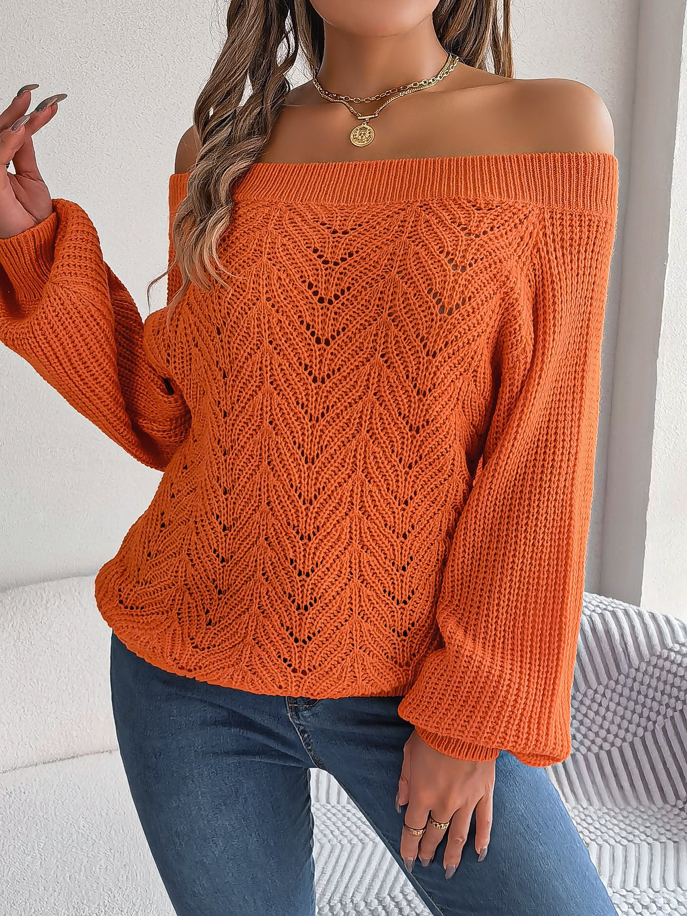 Off-Shoulder Cable Knit Lantern Sleeve Sweater