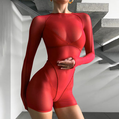 Sexy Sheer Mesh Long Sleeve Backless Romper
