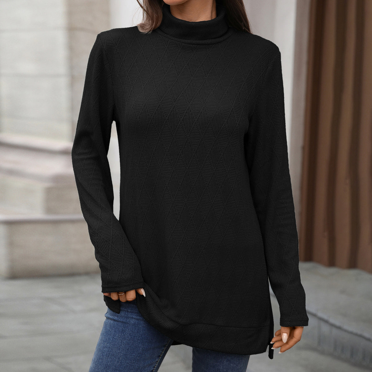 Women's Oversized Turtleneck Long Sleeve Tunic Side Slit