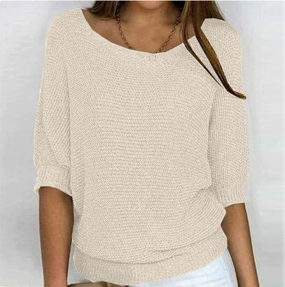 Women's Oversized Crew Neck Knit Sweater 3/4 Sleeve