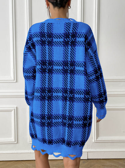 Plaid Color Block Knit Dress with Long Sleeves for Fall