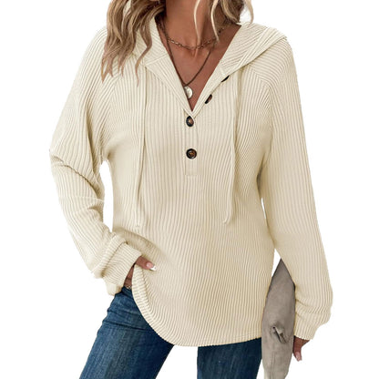 Women’s Knit Hooded Pullover Button V Neck Sweater