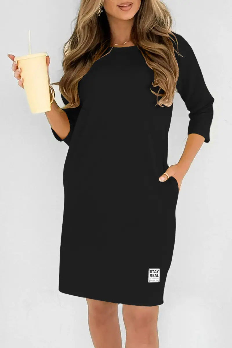 Women's Casual Crewneck Long Sleeve Midi Dress with Pockets