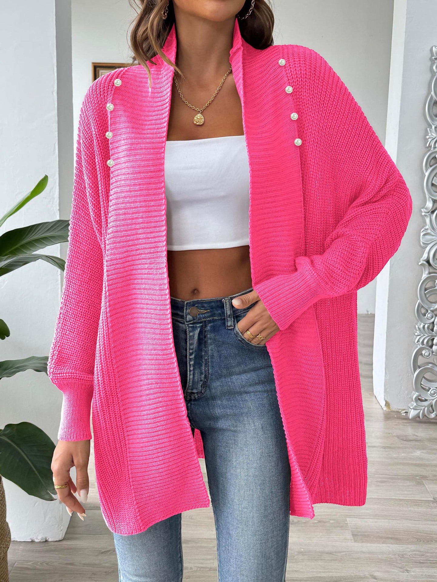 Women's Solid Color Loose Sweater Pearl Bead Women's Cardigan Jacket