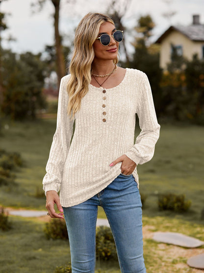 Ribbed Button Front Long Sleeve Knit Top for Women
