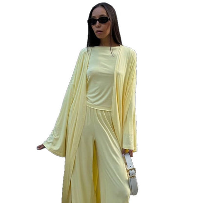 Women's 3 Piece Lounge Set Crop Top Wide Leg Pants Duster