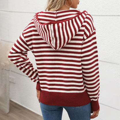 Women's V-neck Striped Christmas Hooded Sweater