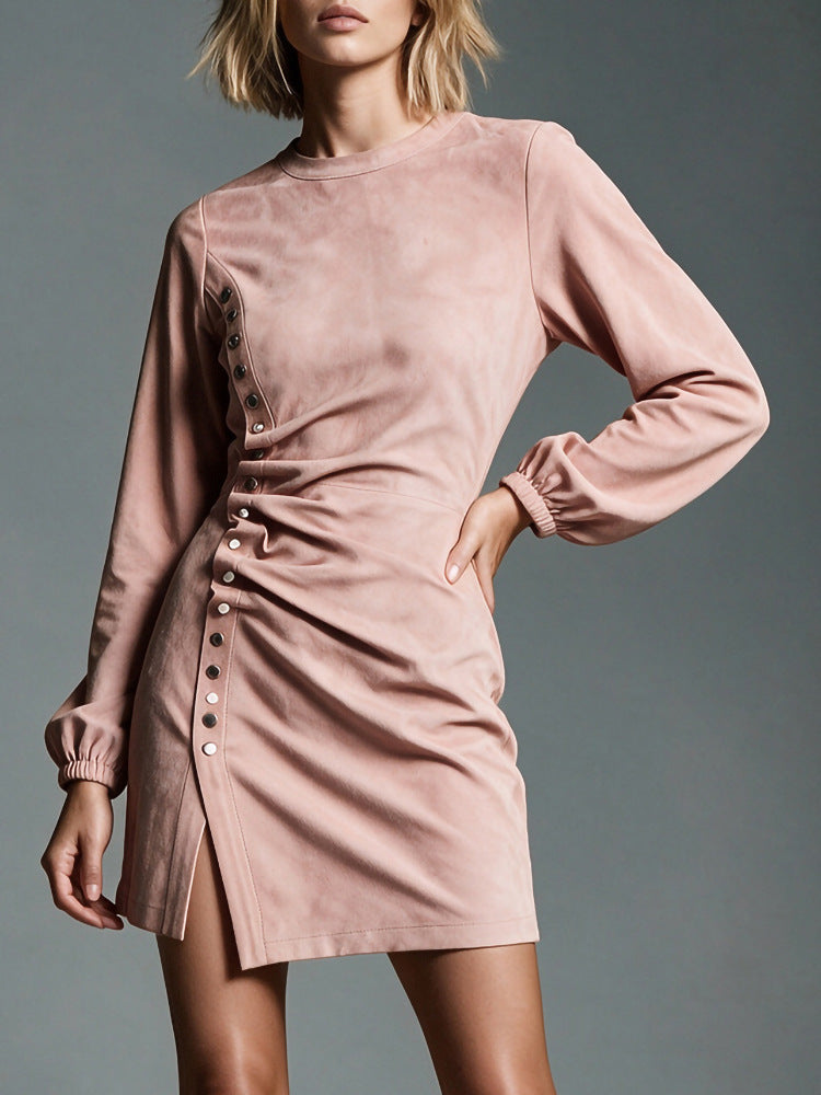 Women's Faux Suede Ruched Long Sleeve Bodycon Dress