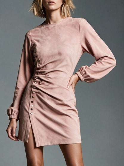 Women's Faux Suede Ruched Long Sleeve Bodycon Dress