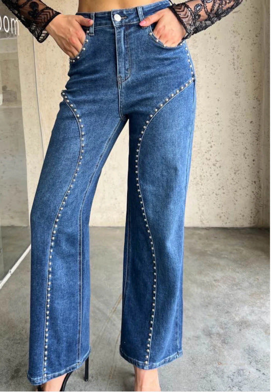 Pearl Embellished High Waist Wide Leg Jeans