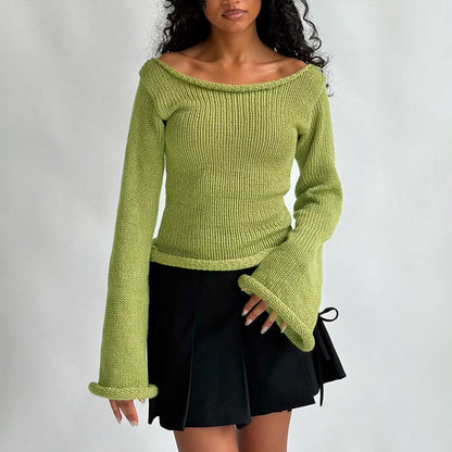 Women's Off Shoulder Ribbed Knit Top Long Sleeve Fitted
