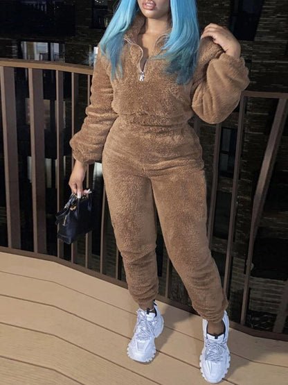 Womens Sherpa Fleece Half Zip 2 Piece Jogger Set