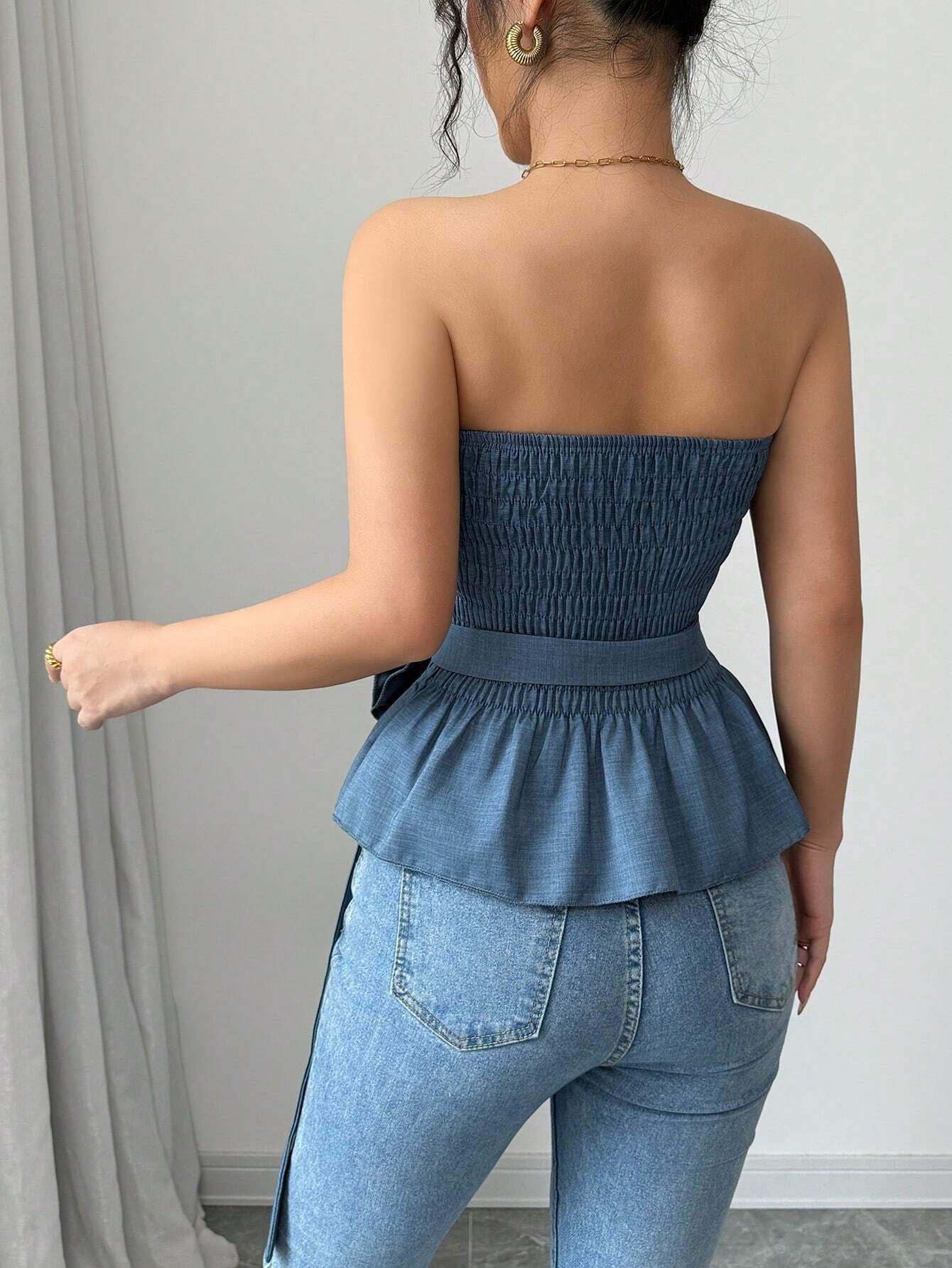 French Style Bandeau Top with Ruffle Hem and Rose