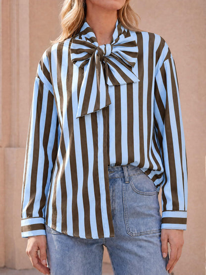 Women's Striped Tie Neck Long Sleeve Blouse Casual