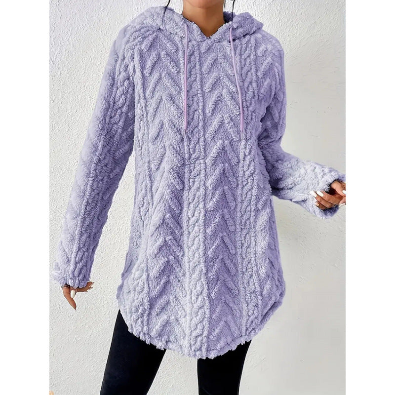 Women's Fuzzy Cable Knit Hoodie Drawstring Tunic Top