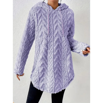Women's Fuzzy Cable Knit Hoodie Drawstring Tunic Top