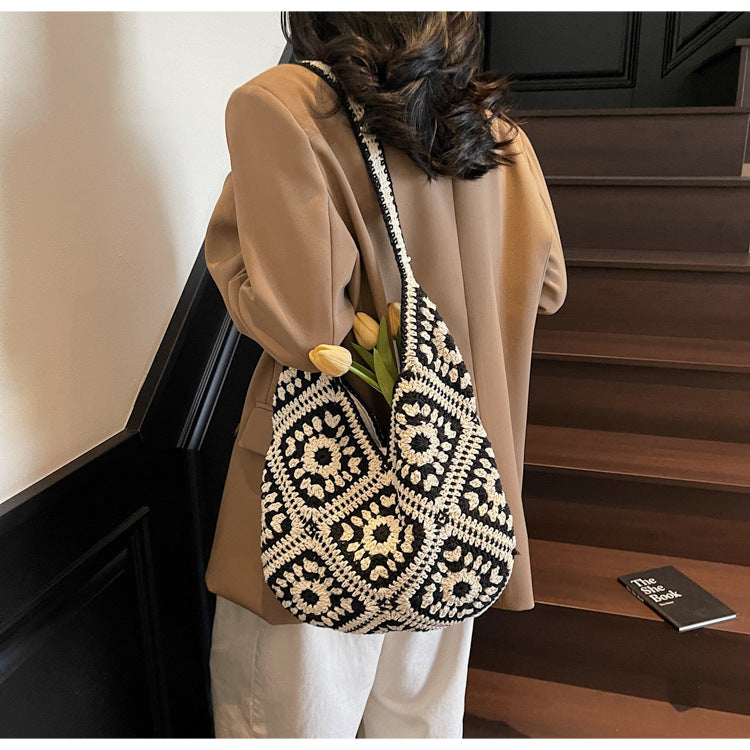 Crochet Knit Tote Bag Boho Shoulder Bag for Women