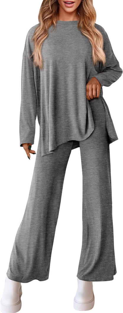 Women's Two Piece Lounge Set Long Sleeve Wide Leg Pants