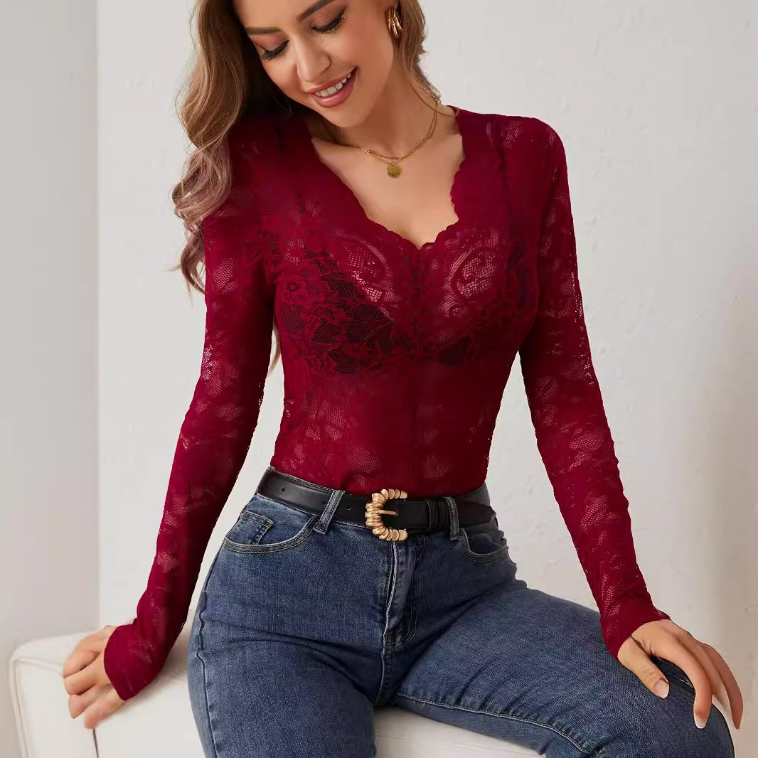 Sexy Lace Fan-Shaped Floral Top Sheer Bottoming Shirt