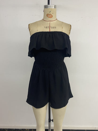 Ruffle Strapless Romper Smocked Waist Vacation Outfit