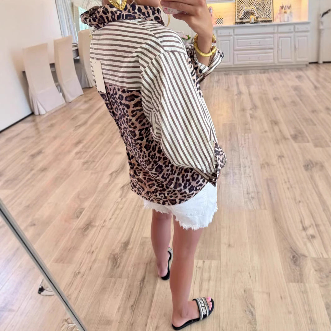 Leopard Patchwork Striped Button Down Oversized Shirt
