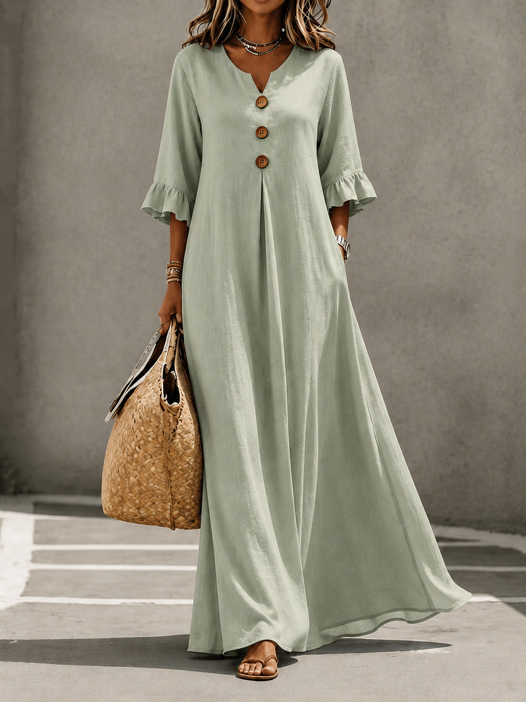 Women's V-Neck Boho Maxi Dress Ruffle Sleeve with Pockets