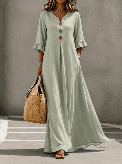 Women's V-Neck Boho Maxi Dress Ruffle Sleeve with Pockets