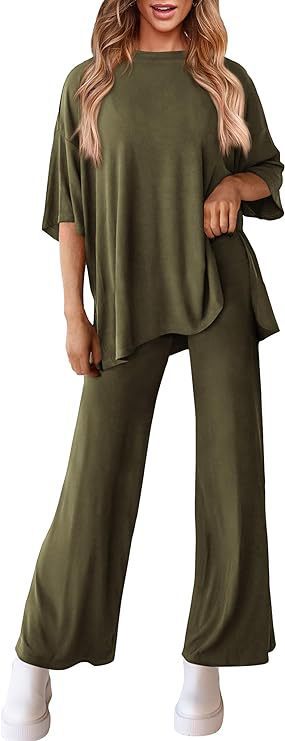 Women's 2 Piece Lounge Set Short Sleeve Top Wide Leg Pants