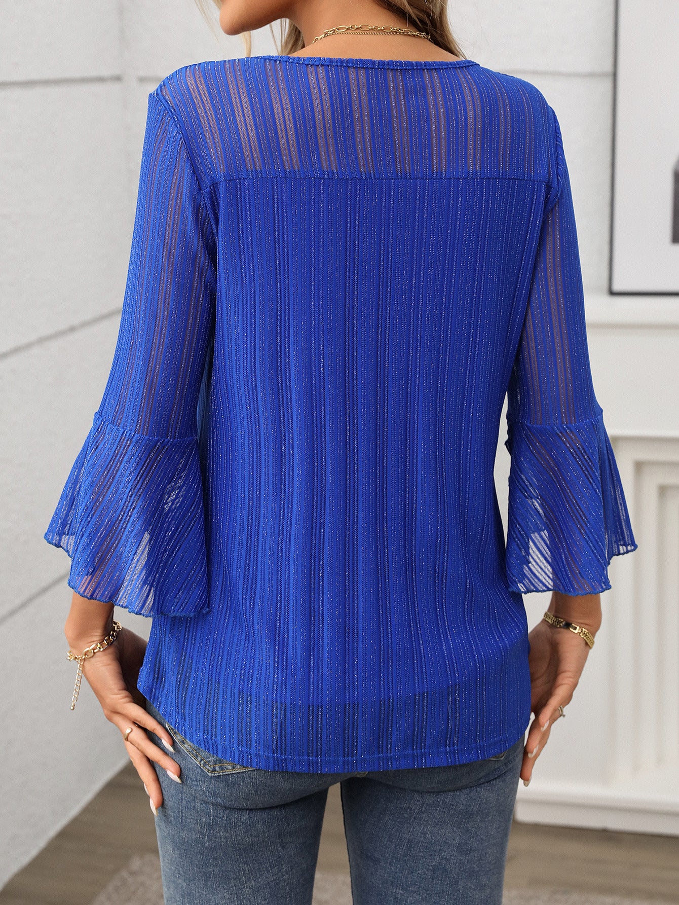 Elegant Round Neck Lotus Leaf Sleeve Mesh Top