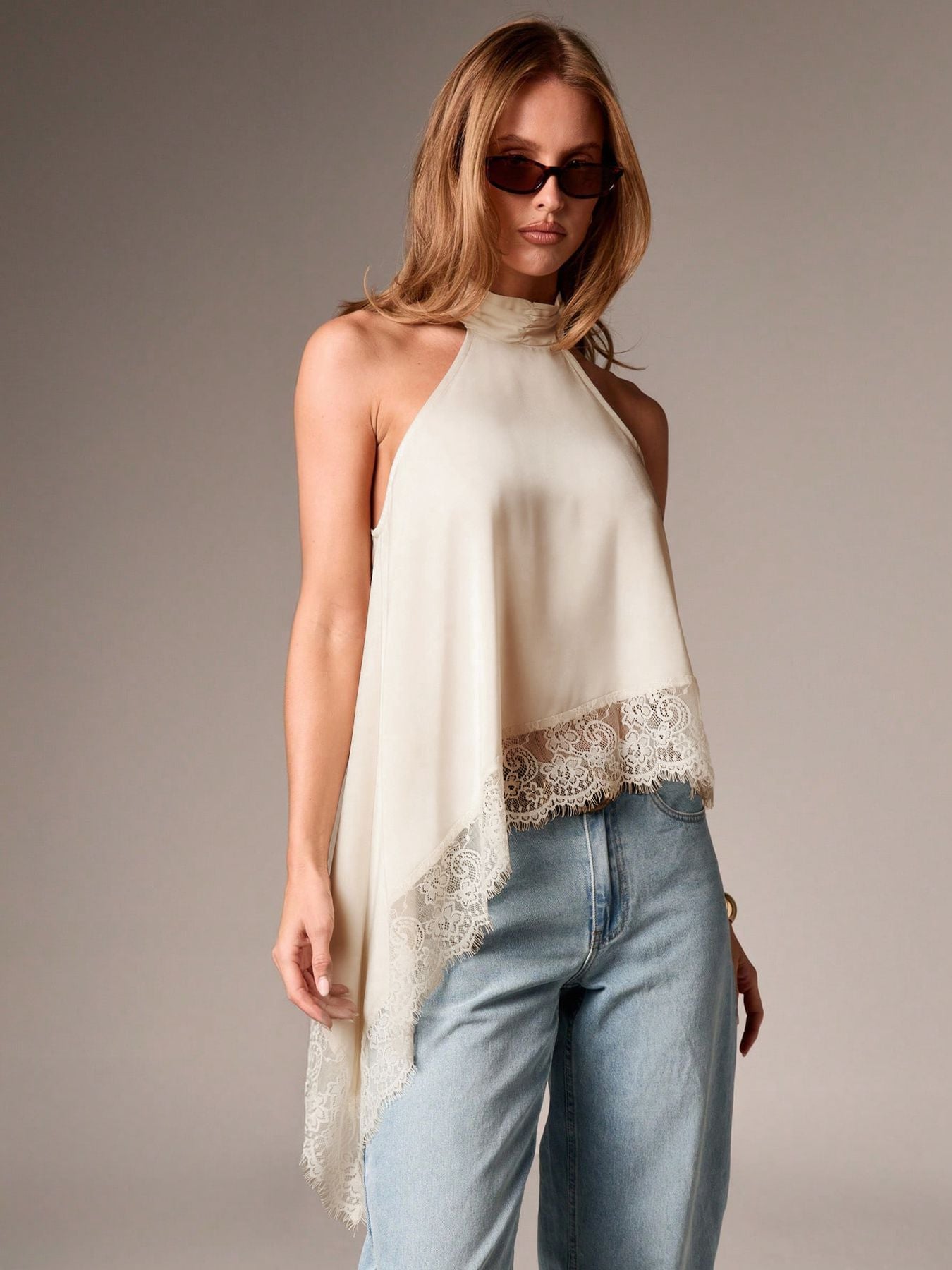 Satin Lace Trim Halter Tank Sleeveless Summer Top