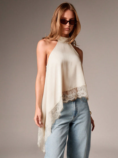 Satin Lace Trim Halter Tank Sleeveless Summer Top