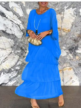 Women's Chiffon Tiered Maxi Dress Batwing Sleeve
