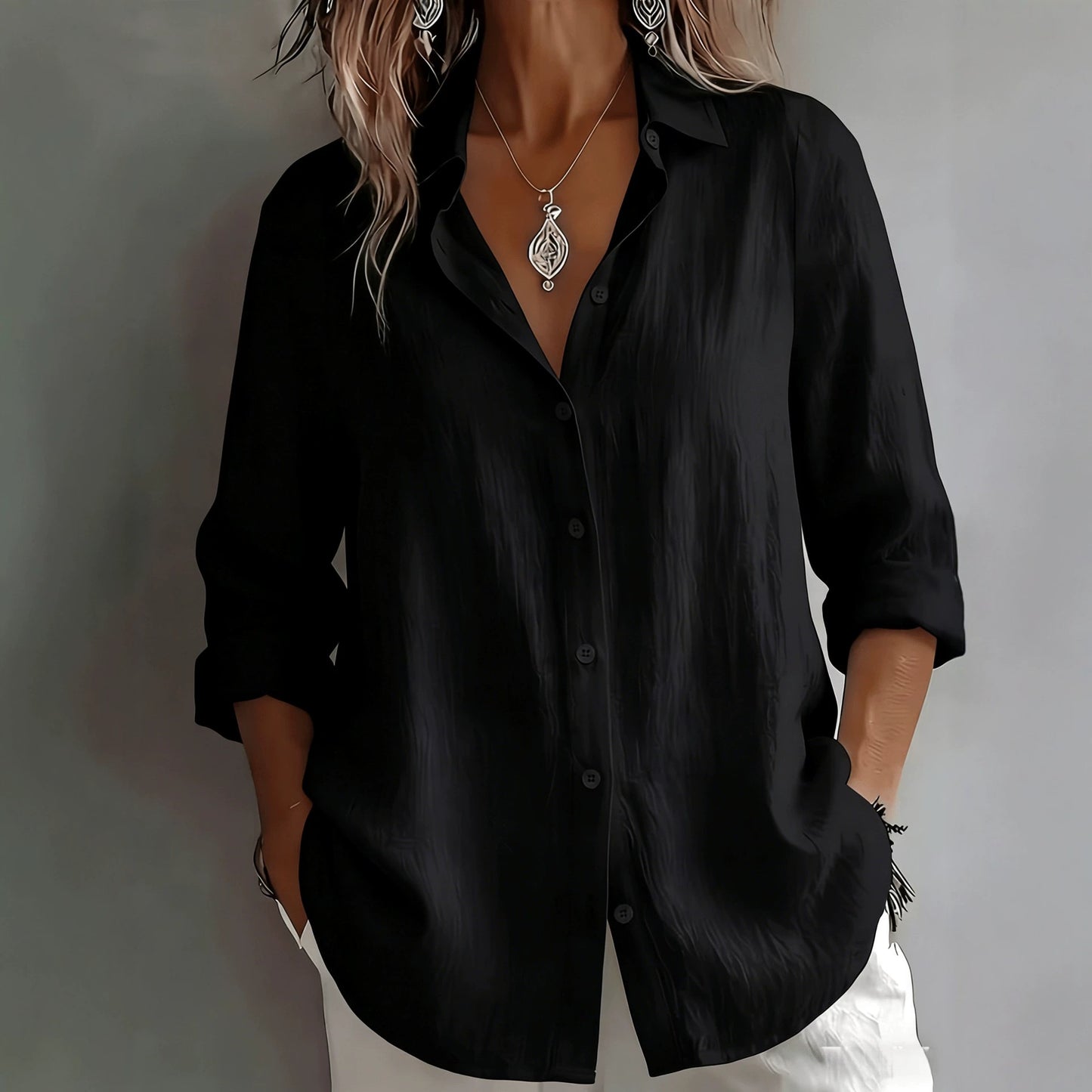 Women's Solid Button Down Shirt Long Sleeve Casual Blouse