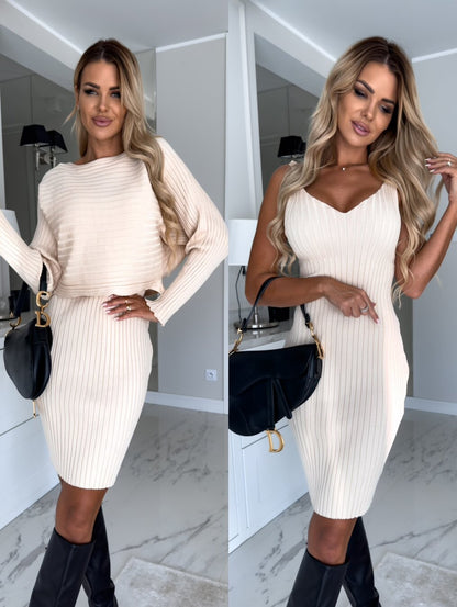 Women's Ribbed Knit Long Sleeve Top & Dress Two Piece Set