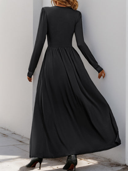 Lace V-Neck Long Sleeve Slit A-Line Maxi Dress