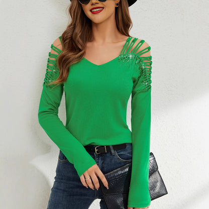 Lace Splicing V-Neck Long Sleeve T-Shirt with Hot Diamonds
