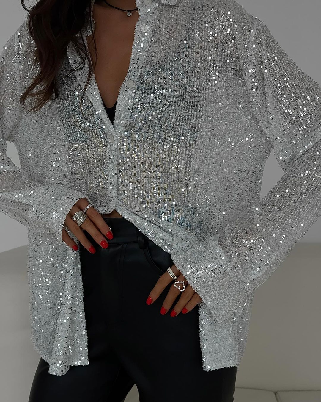 Sequin Collared Long Sleeve Button Down Blouse