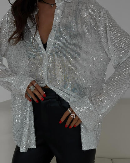 Sequin Collared Long Sleeve Button Down Blouse
