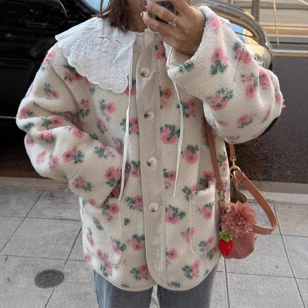 Women's Floral Sherpa Fleece Button Front Jacket