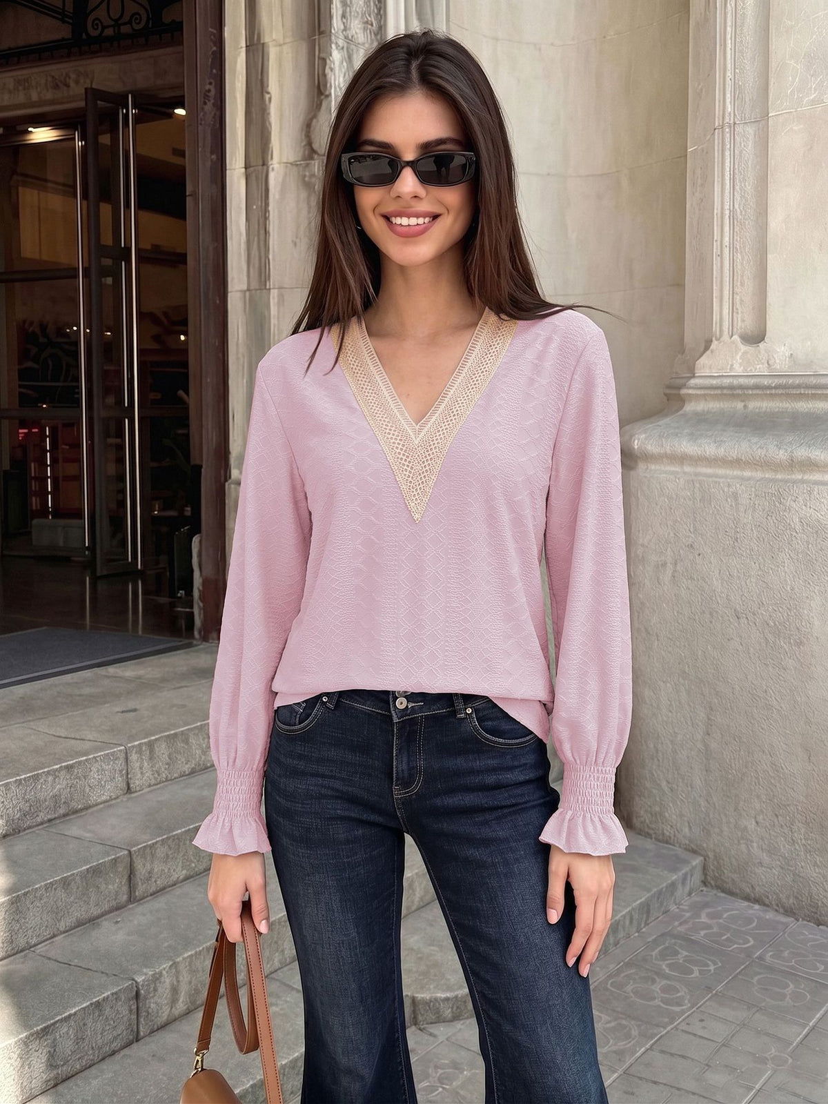 Women's V-Neck Lace Trim Blouse Long Sleeve Smocked Cuffs