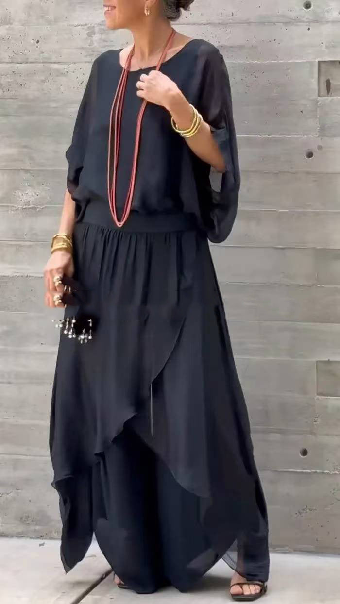 Womens Chiffon Two Piece Set Wide Leg Pants Flowy Ruffle