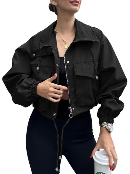 Solid cropped utility jacket zip front relaxed fit