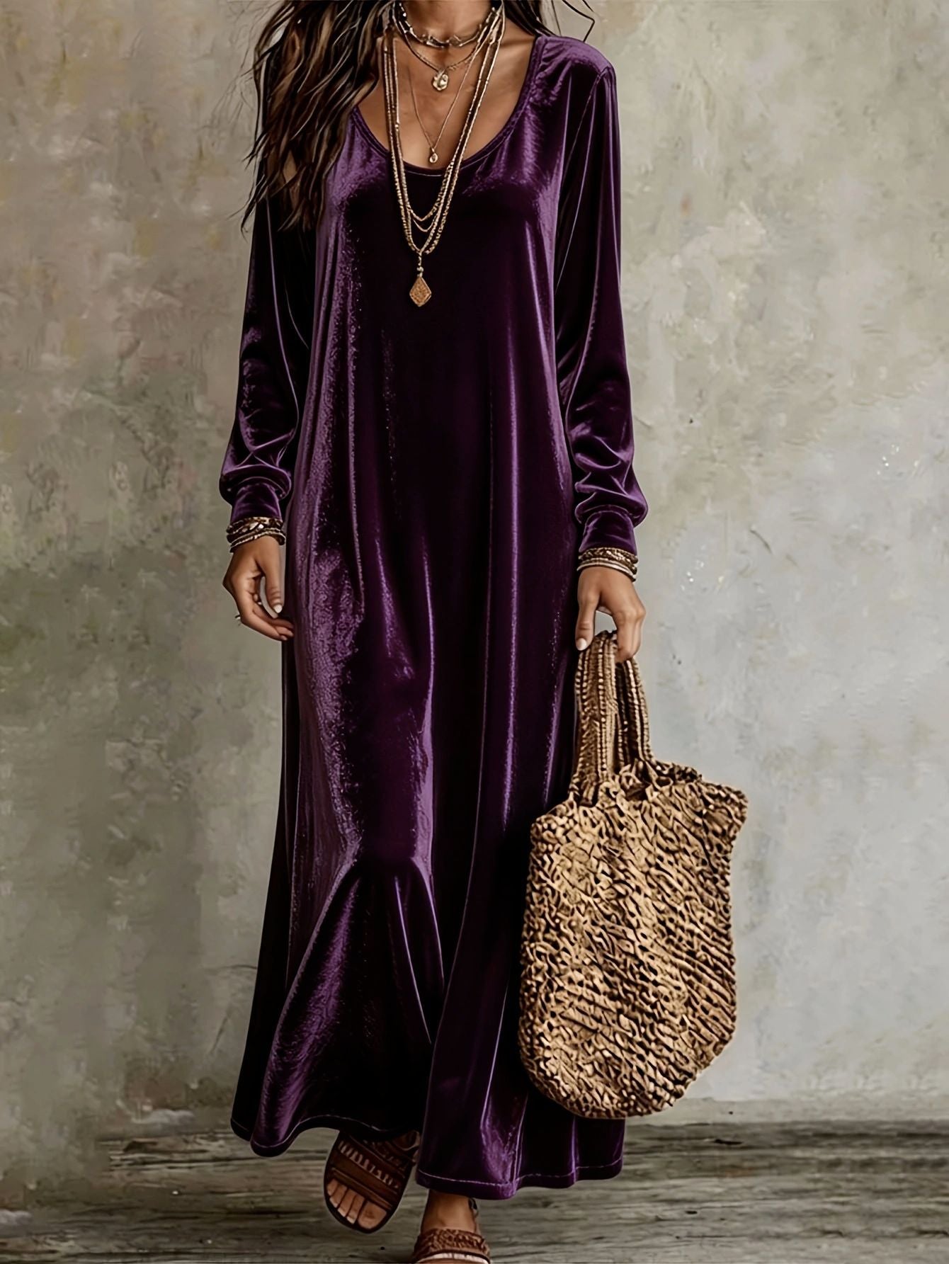 Velvet Maxi Dress Long Sleeve Vintage Boho Casual