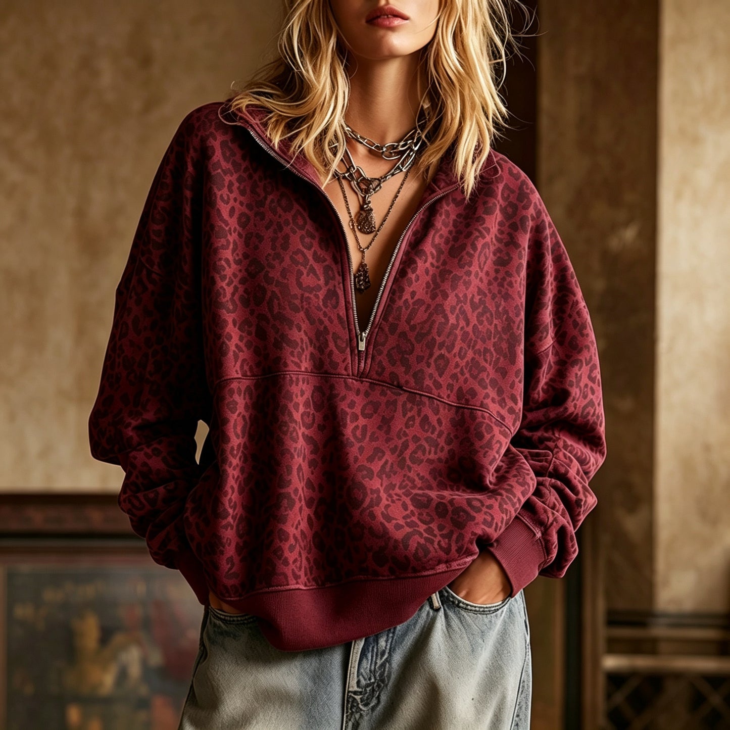 Leopard Print Half Zip Oversized Pullover Sweatshirt