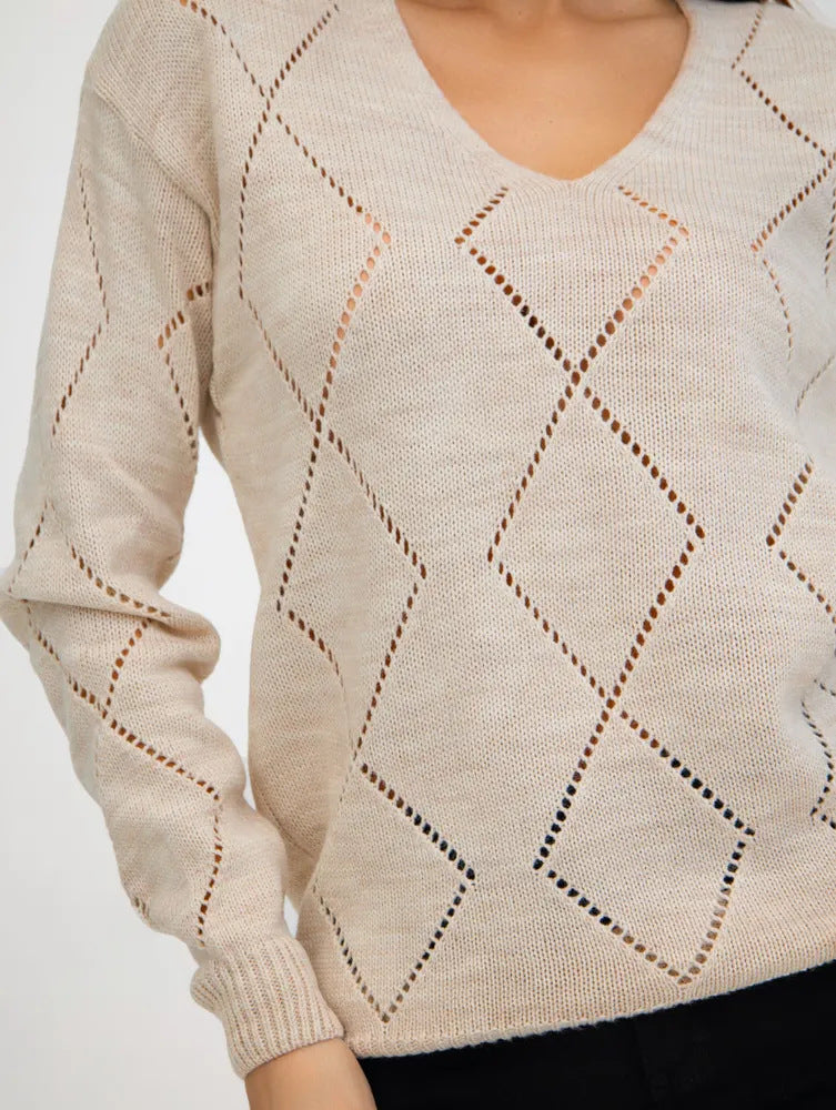 V-Neck Pointelle Sweater Women Oversized Diamond Knit Top