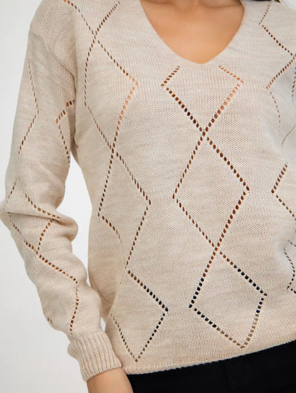 V-Neck Pointelle Sweater Women Oversized Diamond Knit Top